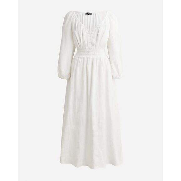 J.Crew Boho Gauzy Muslin V-Neck Smocked Midi Dress White Sz XS-S NEW - Picture 1 of 8